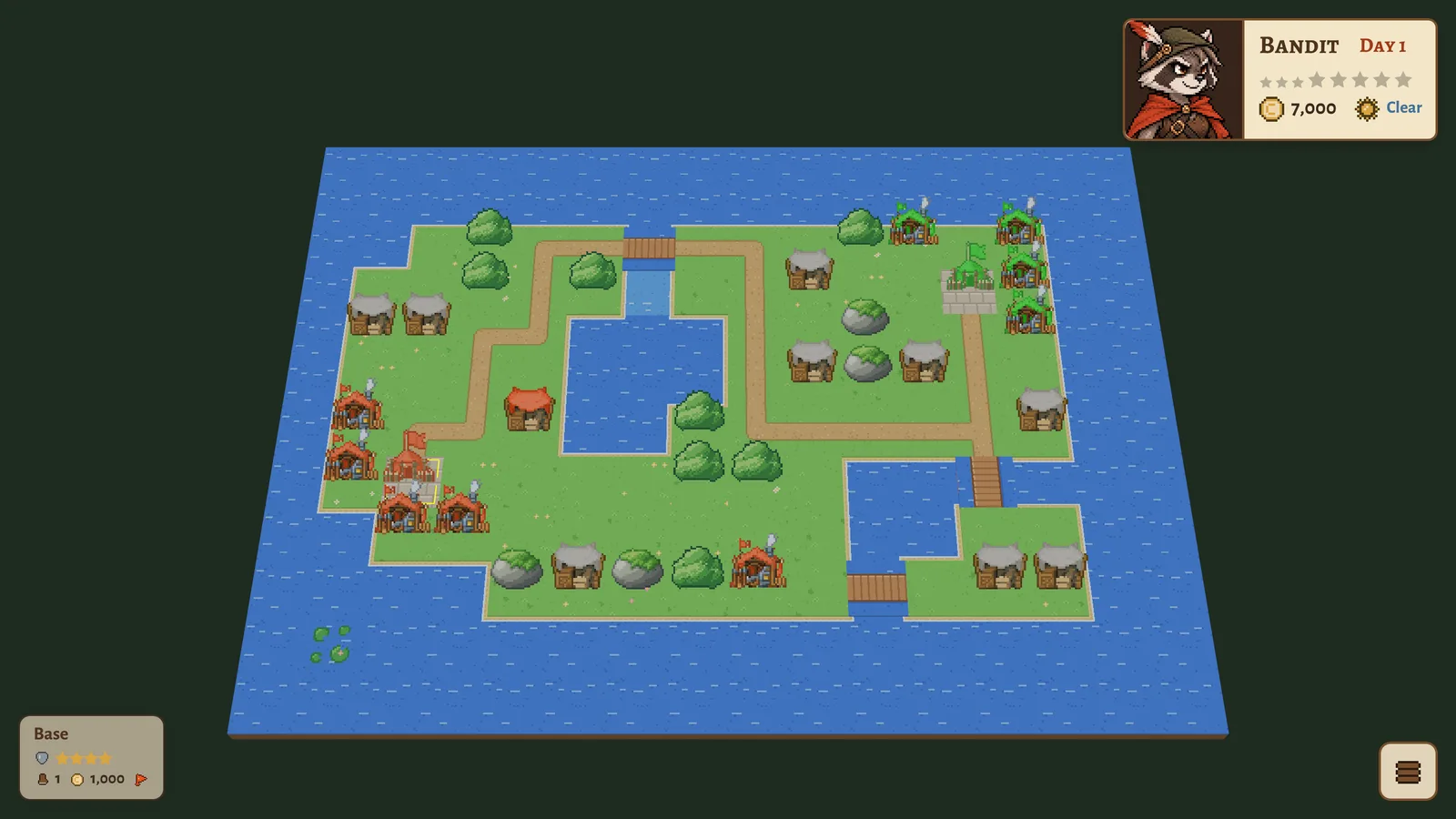 A battle board: an island of grass, roads, workshops and outposts surrounded by water
