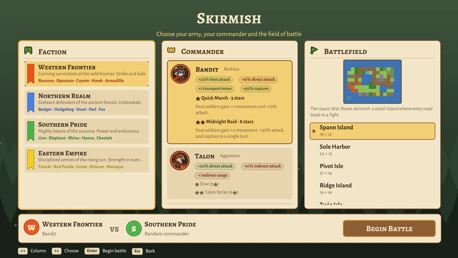 The skirmish setup screen: choose a faction, a commander and a battlefield